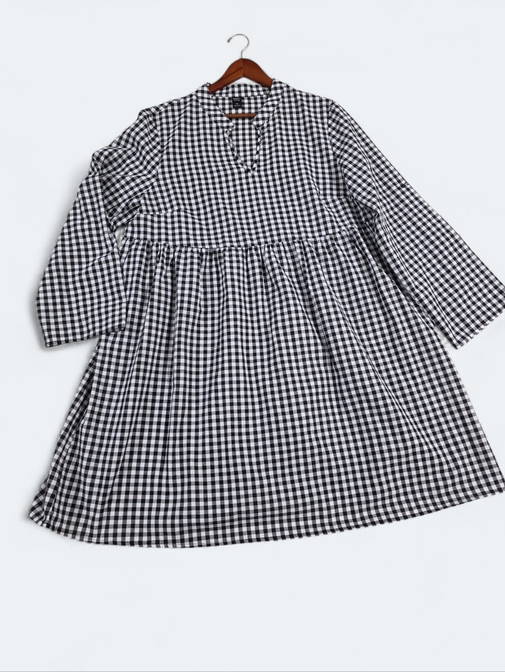 Emery Rose Gingham Babydoll Mini Dress 1XL Black White Plaid Long Sleeve